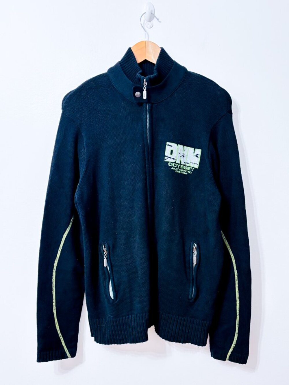 TXT Black Cotton Full Zip Knit Cardigan Graphic Stand Collar Medium